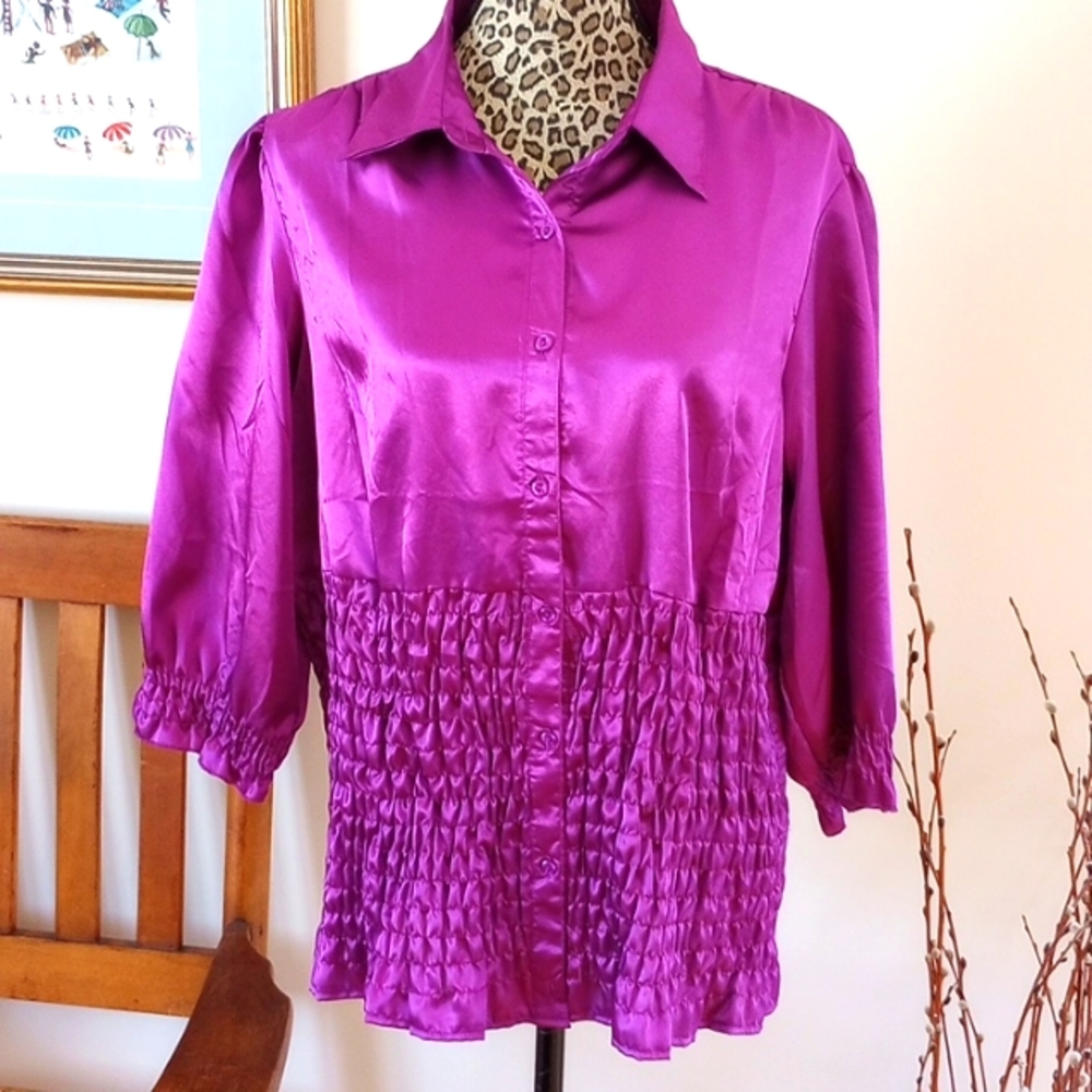 COPY - She's Cool Junior's Satin 3/4 Sleeves Blouse Size:2X Color: Purple NWT